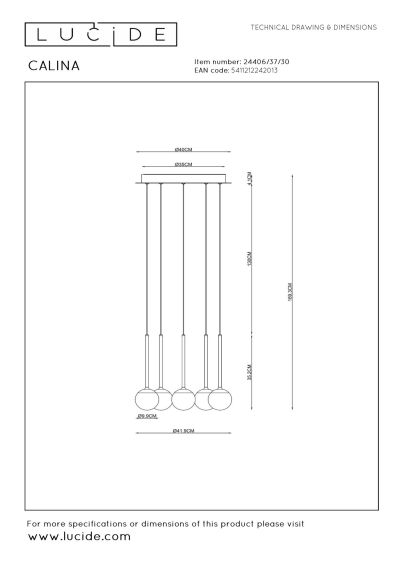 Lucide CALINA - Pendant light - Ø 41,9 cm - LED Dim. - CCT - 5x7,4W 2200K/3300K - With replaceable LED module - Black - Premium